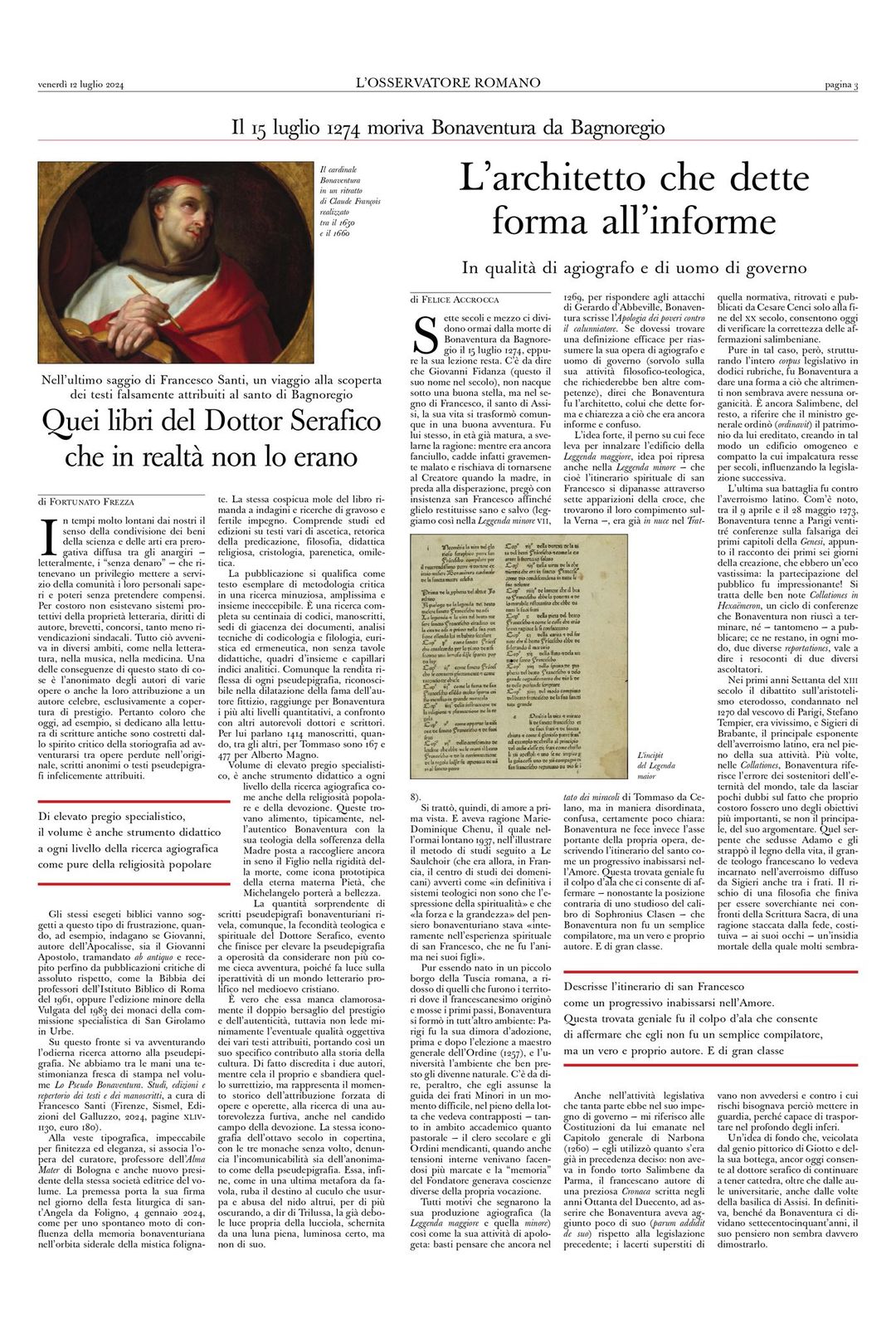 “Quei libri del Dottor Serafico che in realtà non lo erano” (L’Osservatore Romano) “Quei libri del Dottor Serafico che in realtà non lo erano” (L’Osservatore Romano)